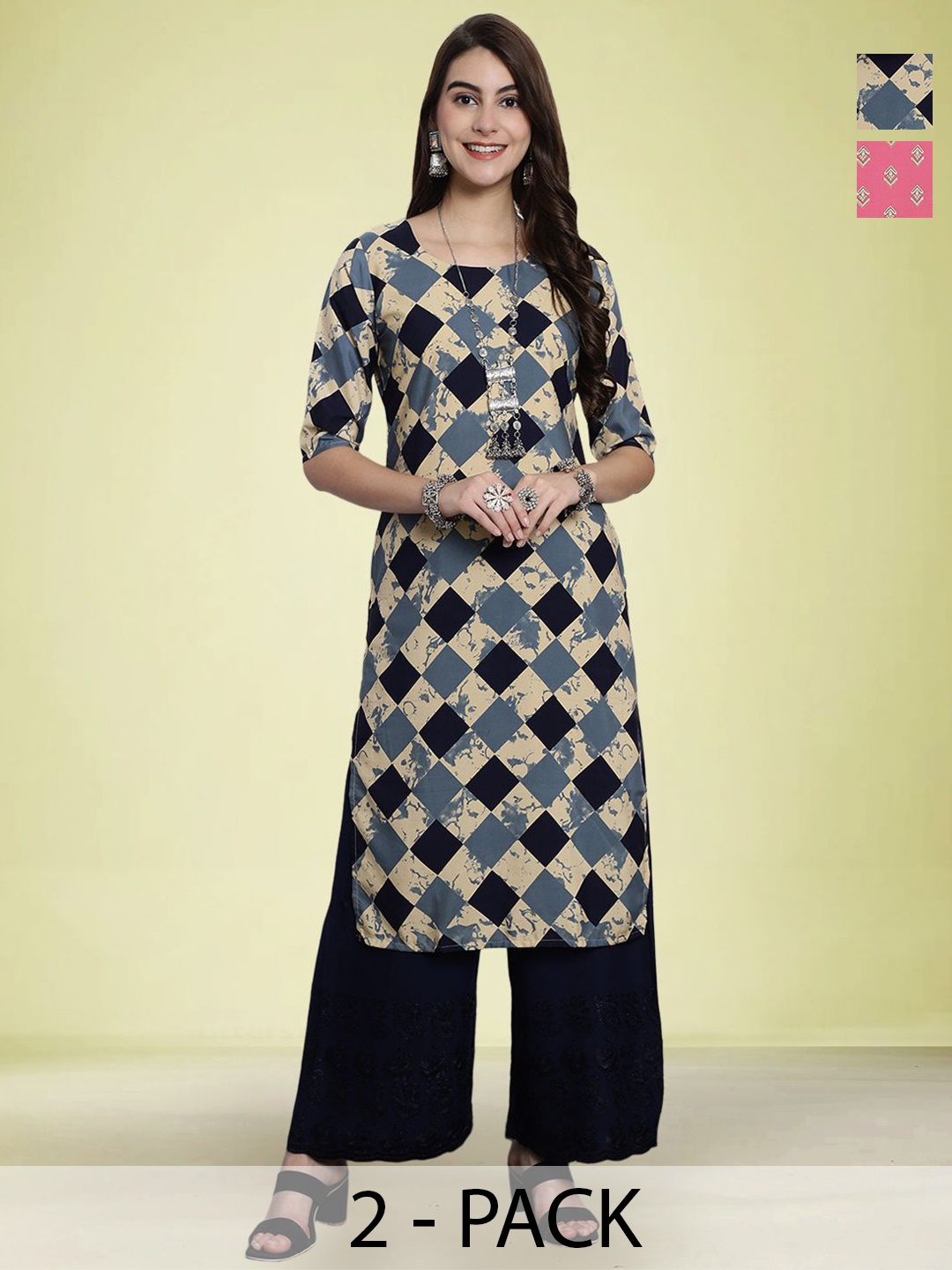 

Moda Rapido Selection Of 2 Geometric Printed Round Neck Straight Kurtas, Beige