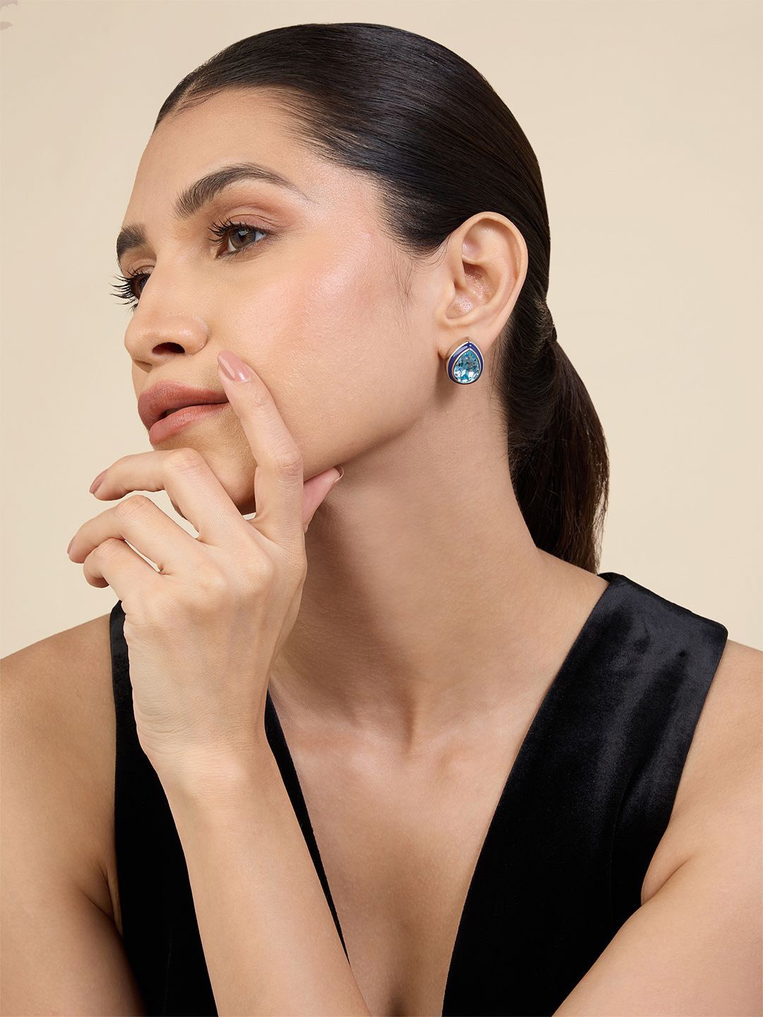 

Isharya Rhodium-Plated Crystals Studded Aquamarine Bold Bling Studs Earrings, Silver