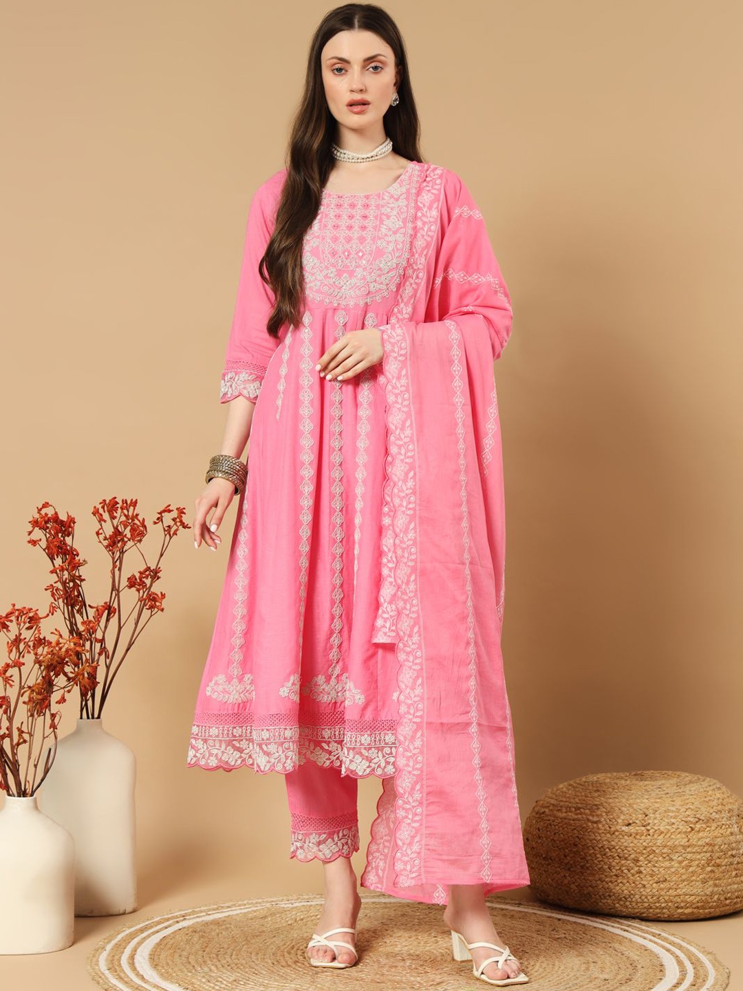 

V.S.Creation Women Embroidered Regular Pure Cotton Kurta with Trousers & With Dupatta, Pink