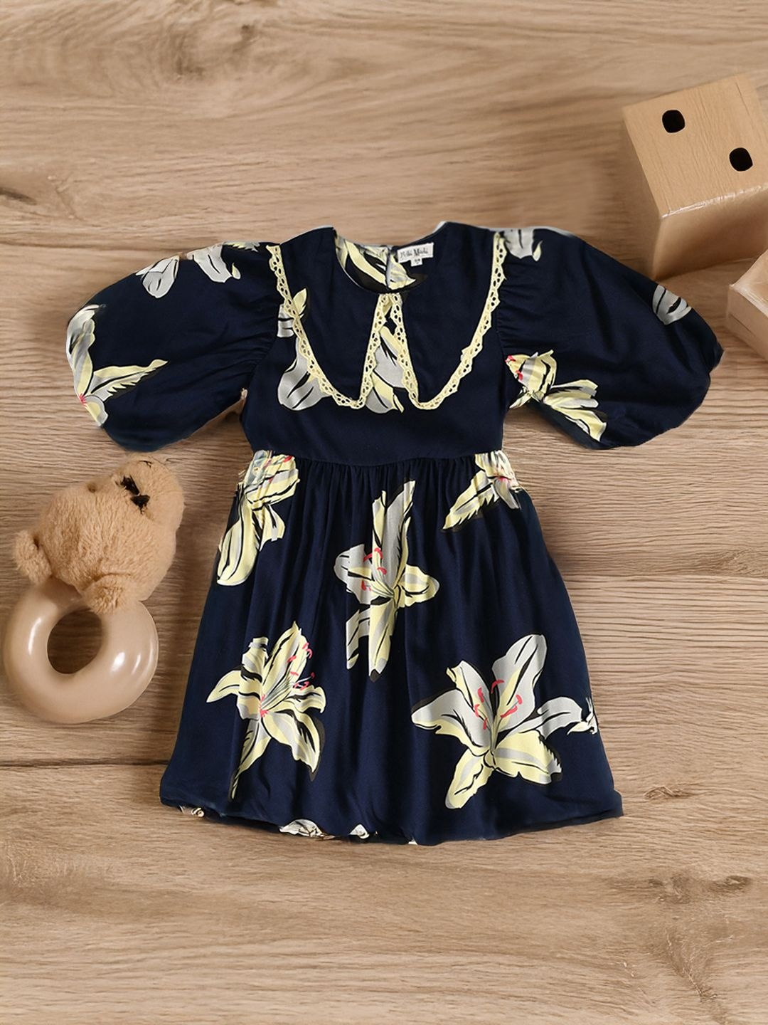 

Bella Moda Floral Print Flutter Sleeve Fit & Flare Dress, Navy blue