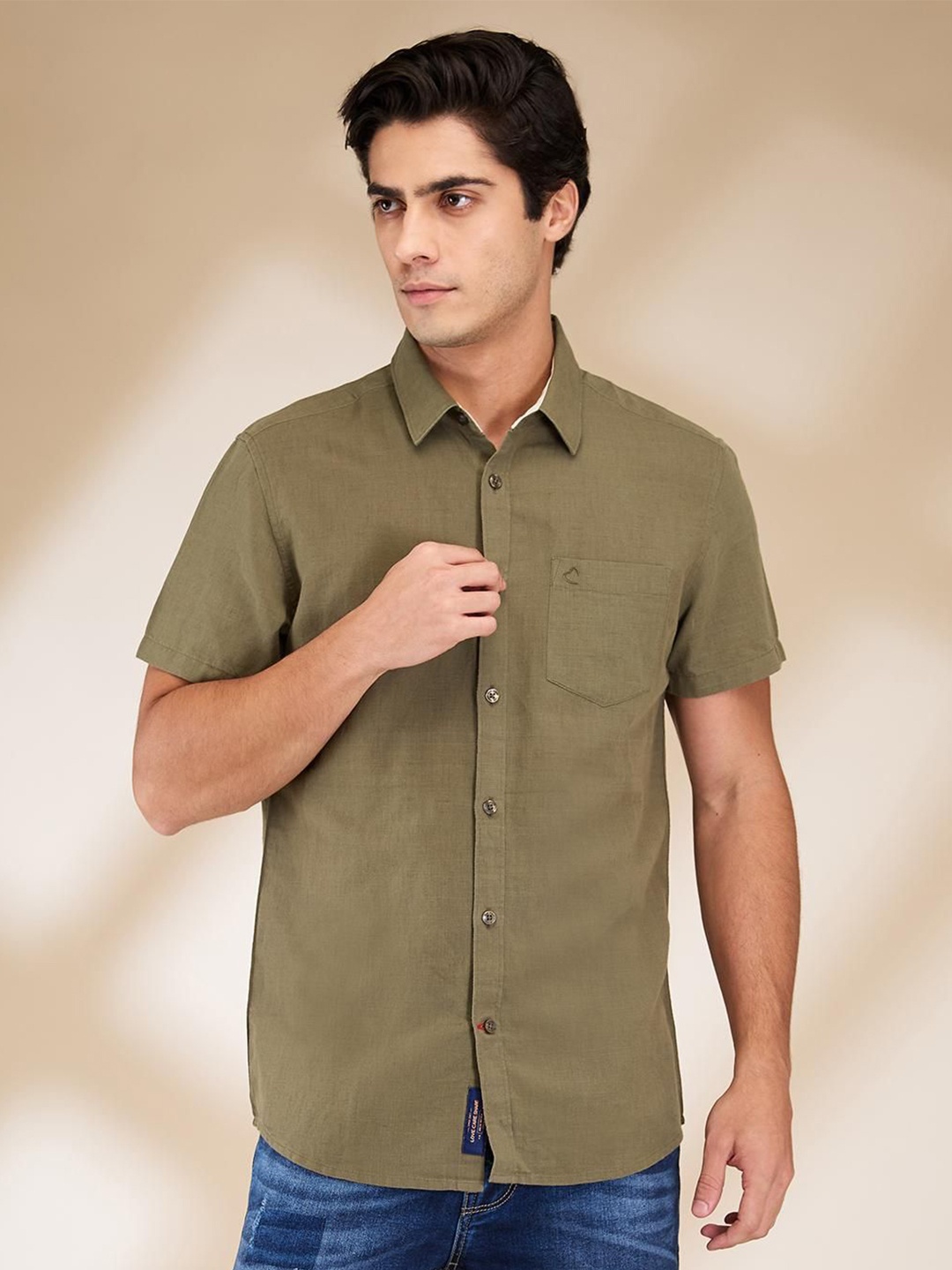 

Being Human Men Classic Fit Spread Collar Solid Cotton Linen Casual Shirt, Olive