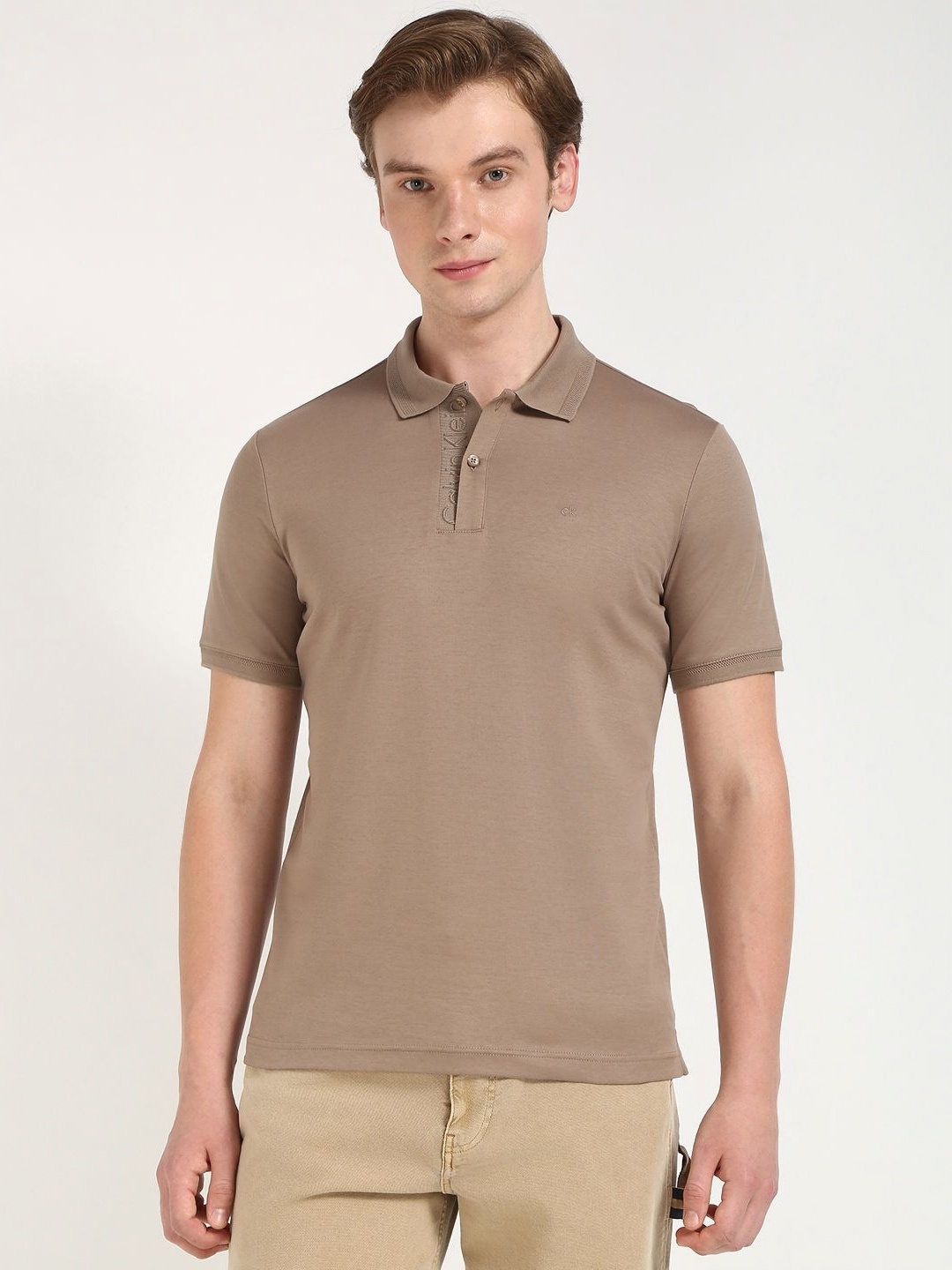 

Calvin Klein Jeans Men Polo Collar Organic Cotton Slim Fit T-shirt, Beige