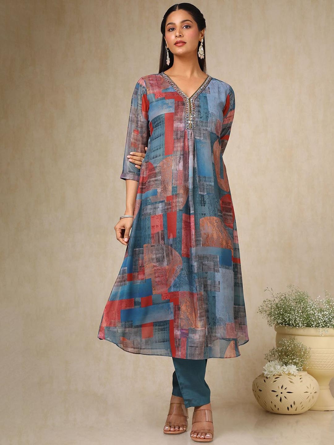 

Soch Women Printed Regular Mirror Work Kurta with Trousers, Blue