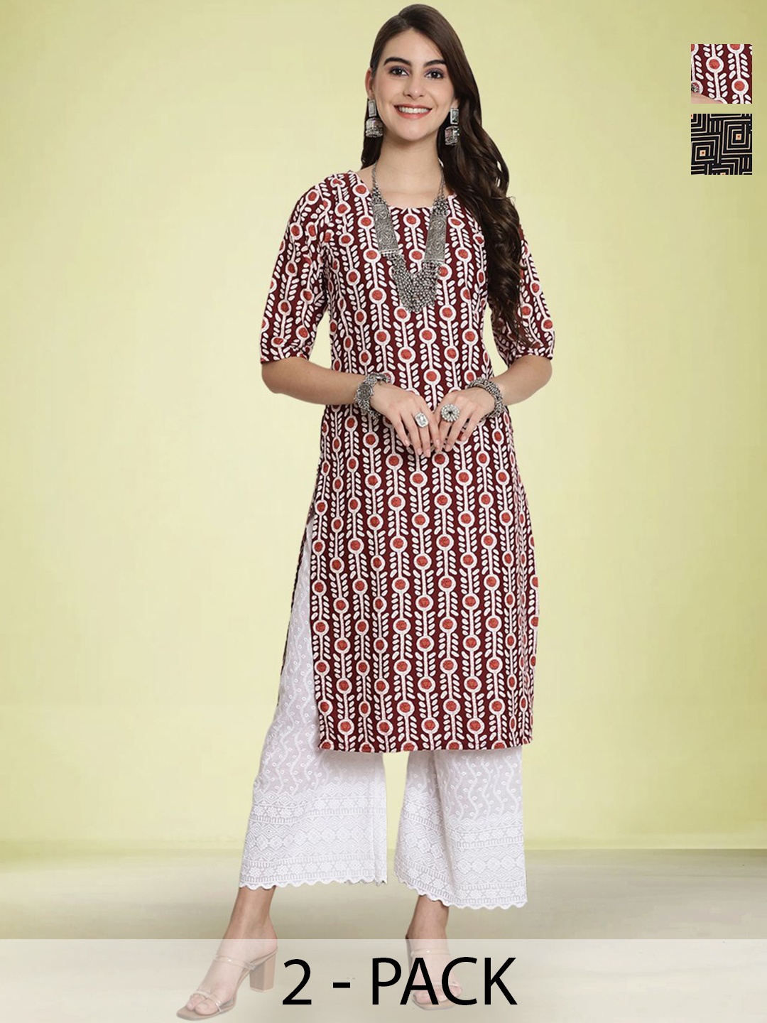 

Moda Rapido Selection of 2 Geometric Printed Round Neck Straight Kurtas, Maroon