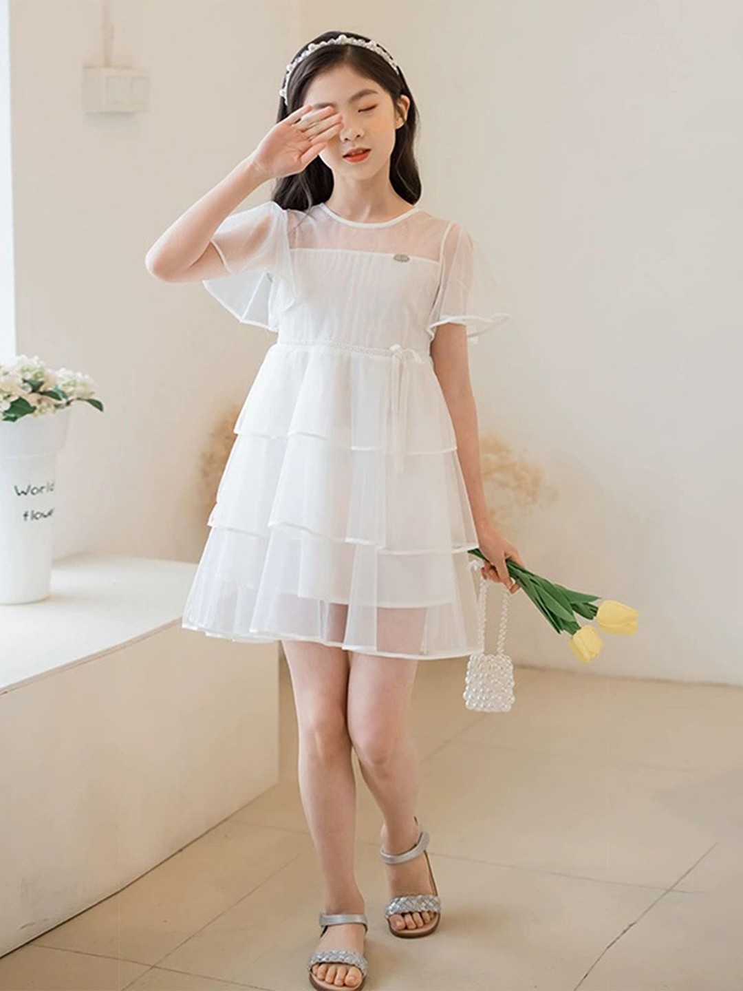 

LULU & SKY Girls Flared Sleeves Layered A-Line Dress, White