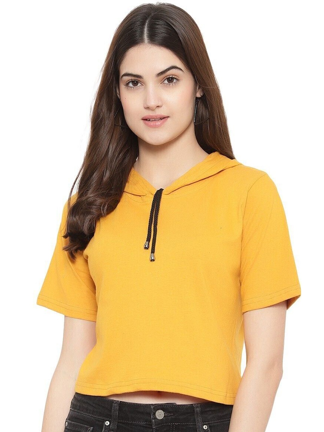 

DEEPMAYRA COLLECTION Women Hood Cotton High-Low Top, Yellow