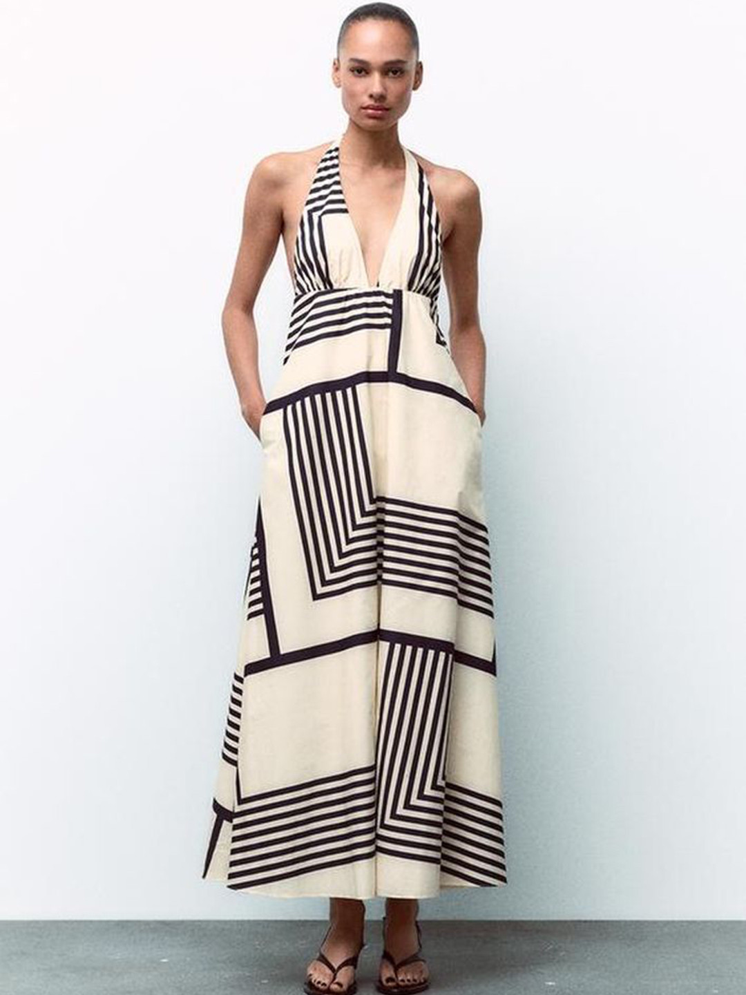 

LULU & SKY Women Striped Halter Neck Empire Maxi Dress, Beige