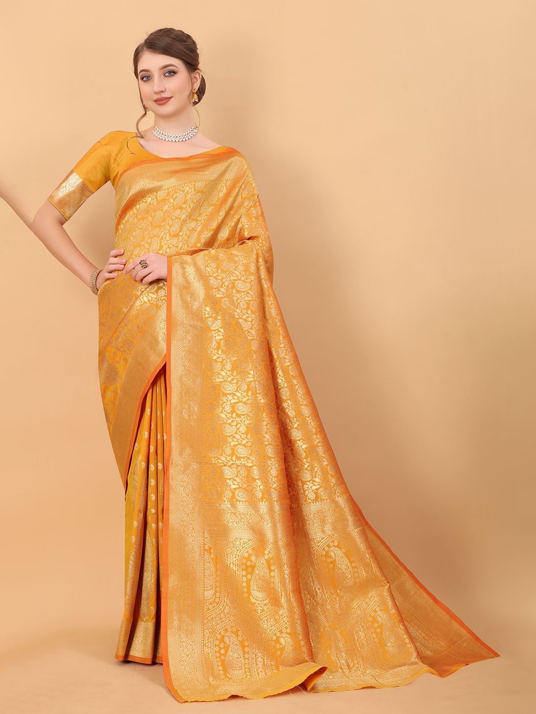 

DHRUTI CREATION Woven Design Zari Pure Silk Saree, Yellow