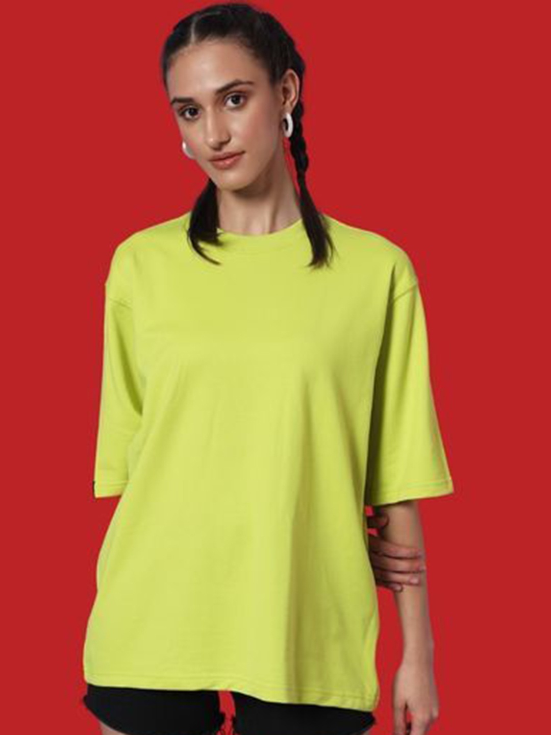

PockMAN Women Bio Finish Solid Round Neck Cotton Oversized T-shirt, Lime green