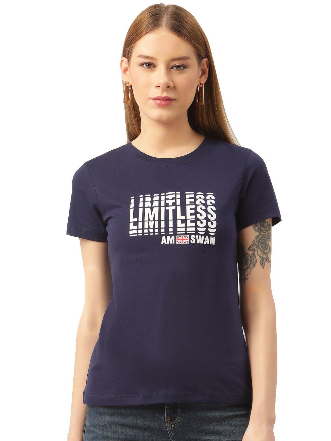 

AMSWAN Women Typography Printed Cotton Fitted Top, Navy blue