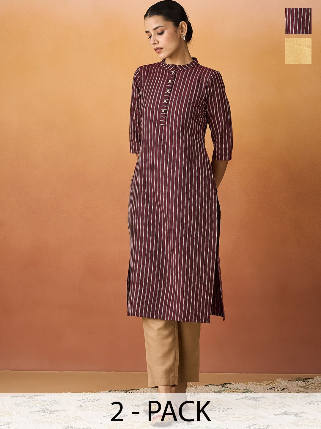 

KALINI Selection Of 2 Striped Woven Design Mandarin Collar Straight Kurta, Mustard