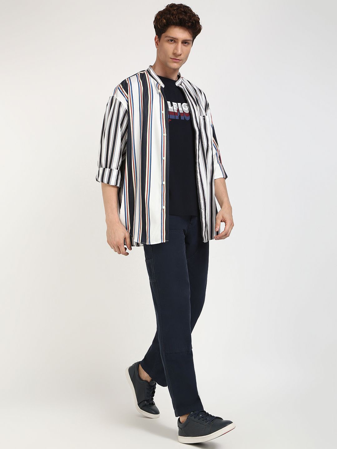 

Tommy Hilfiger Men Band Collar Vertical Striped Cotton Casual Shirt, Beige