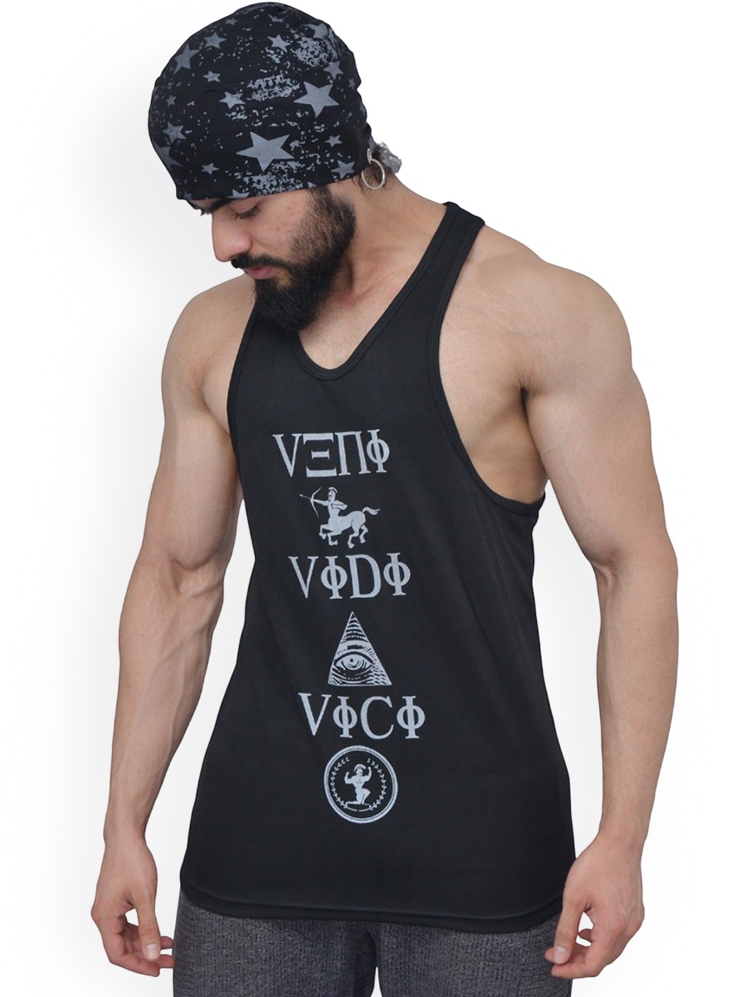 

Anax Aesthetics Men Polyester Dri-Fit Printed Sleeveless Sando Gym Vest Stringer Tank Top, Black