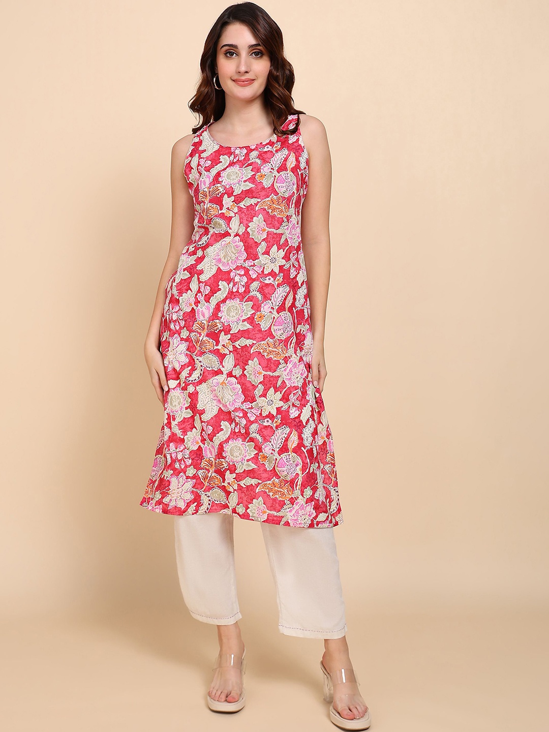 

Label Ceres Floral Printed Cotton Sleeveless Straight Kurta, Pink