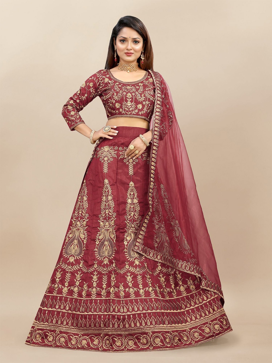 

A TO Z CART Embroidered Thread Work Semi-Stitched Lehenga & Unstitched Blouse With Dupatta, Maroon