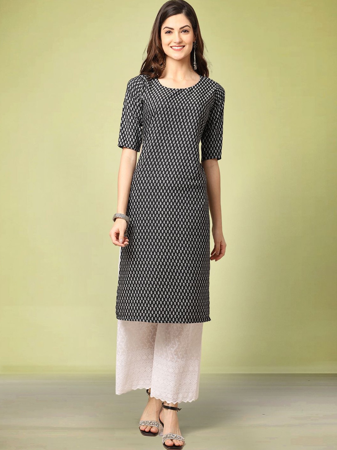 

Moda Rapido Ethnic Motifs Printed Round Neck Straight Kurta, Black