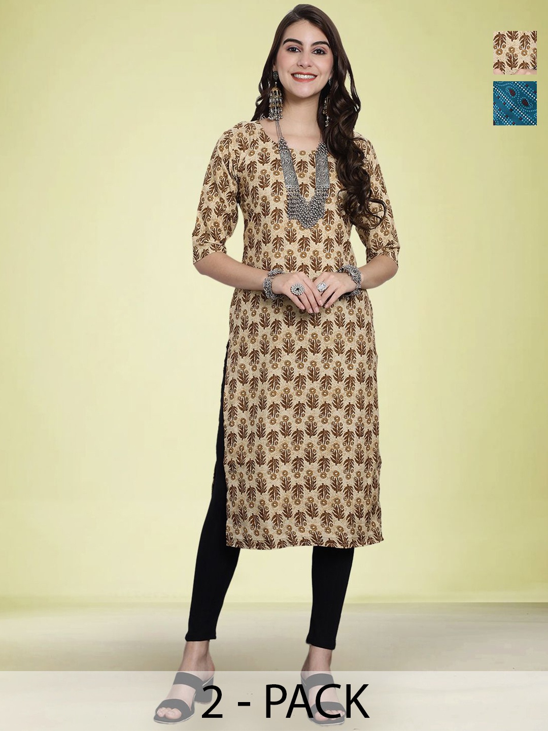 

Moda Rapido Selection Of 2 Floral Printed Round Neck Straight Kurtas, Beige