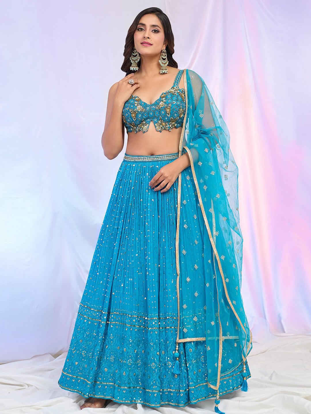 

Alaya Advani Embroidered Beads and Stones Ready to Wear Lehenga & Blouse With Dupatta, Blue