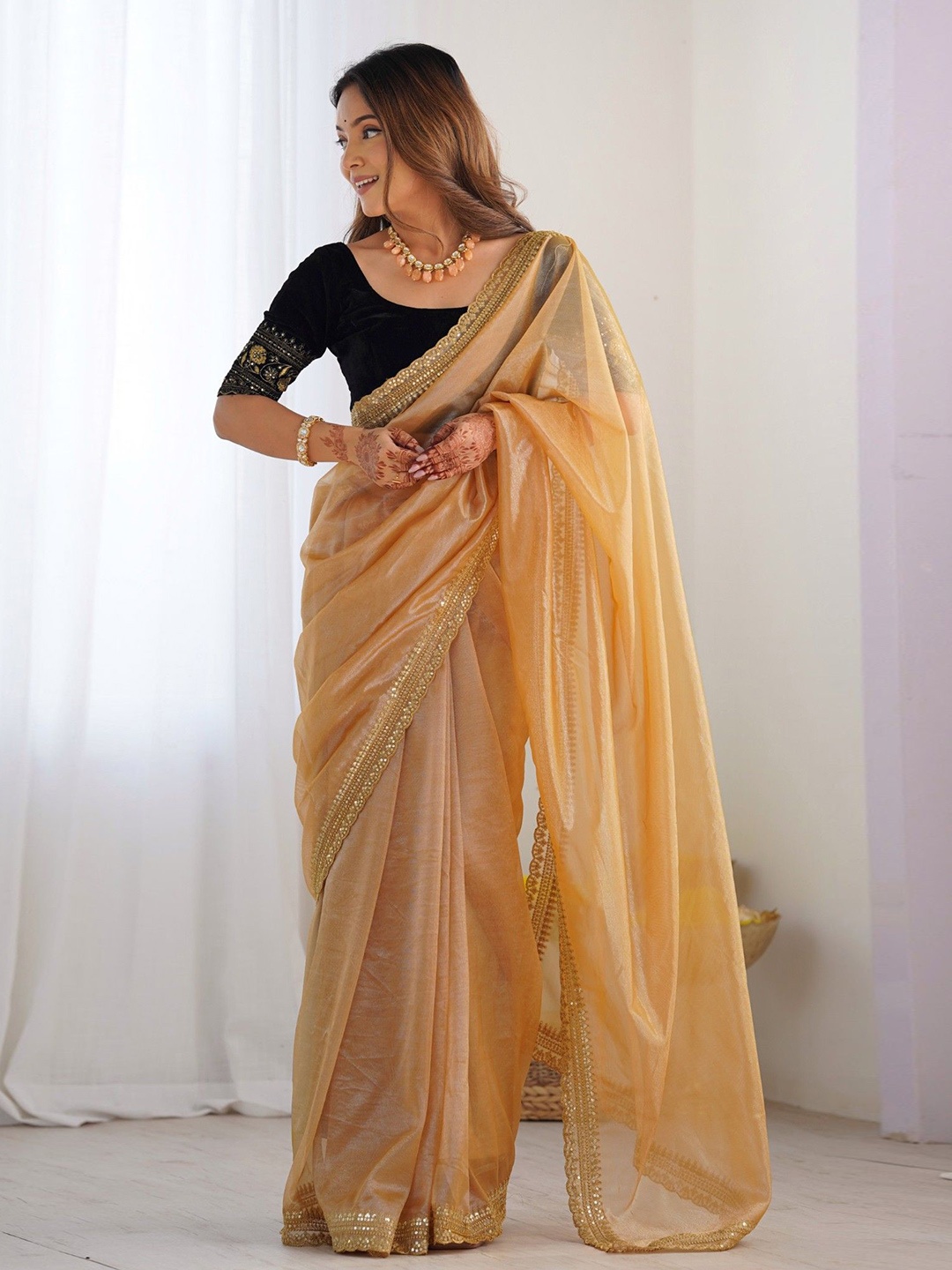 

MySilkLove Embroidered Saree, Gold