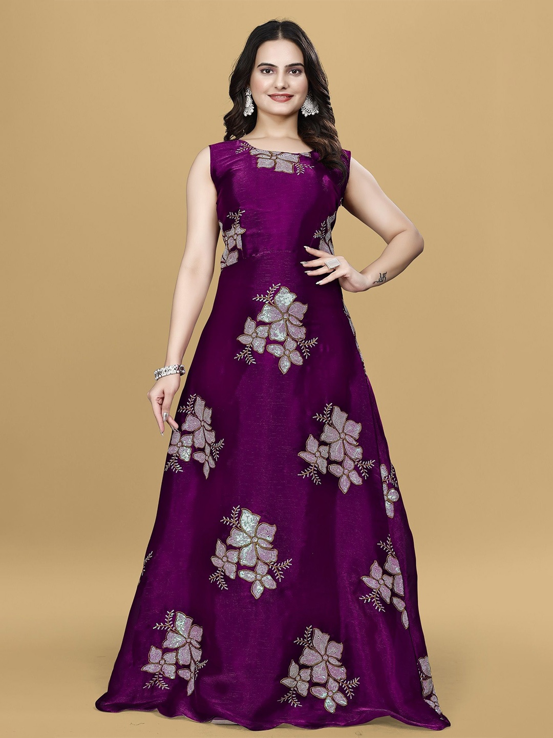 

LADY SHOPI Embellished Embroidered Net Fit & Flare Maxi Dress, Purple