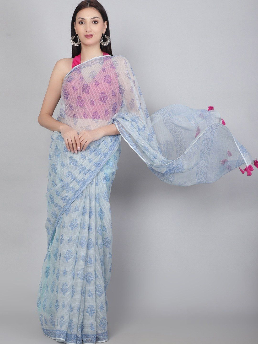 

PALASH Floral Printed Pure Cotton Block Print Saree, Blue