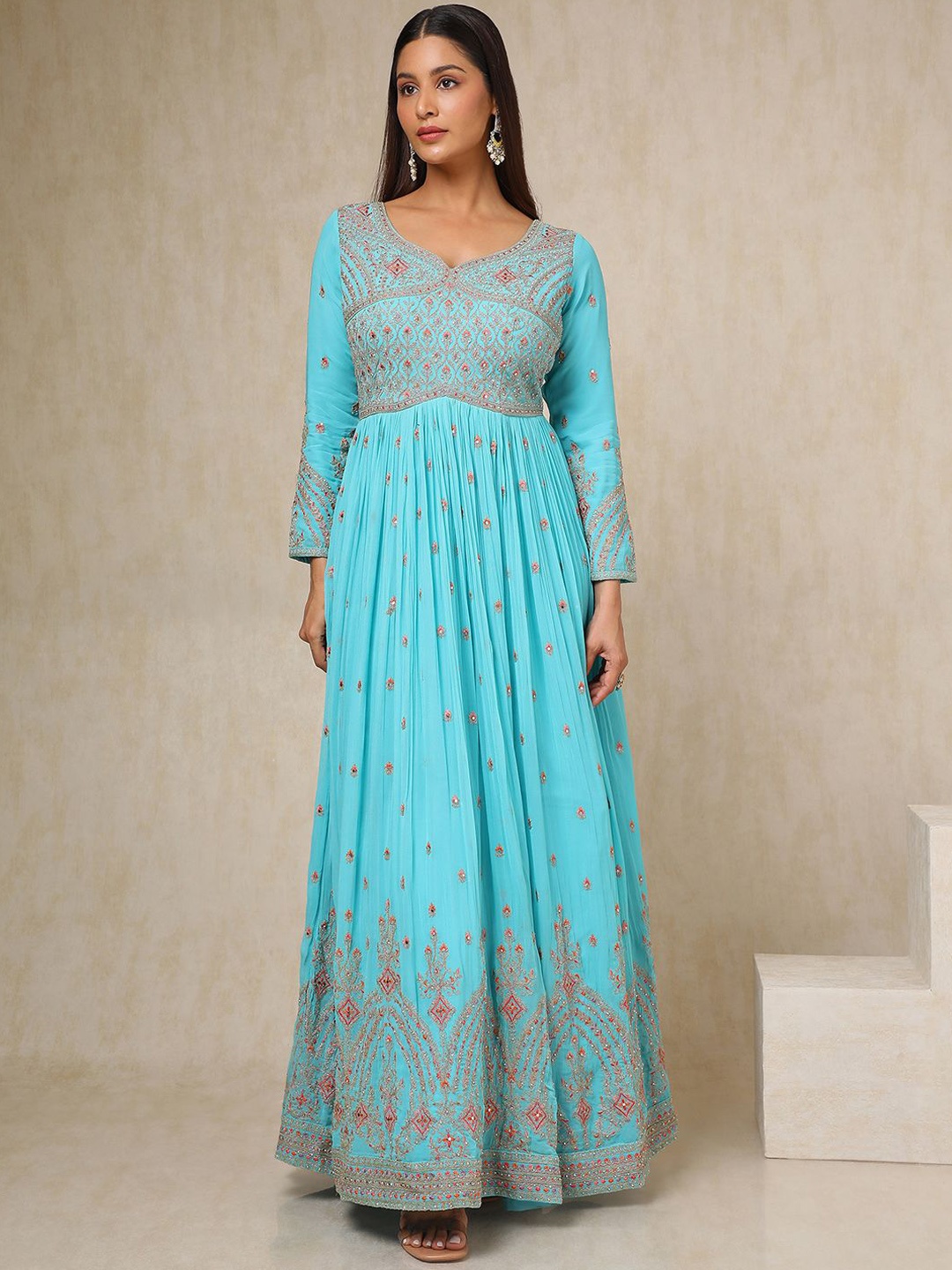 

Soch Women Embroidered Empire Beads and Stones Kurta with Churidar & With Dupatta, Turquoise blue