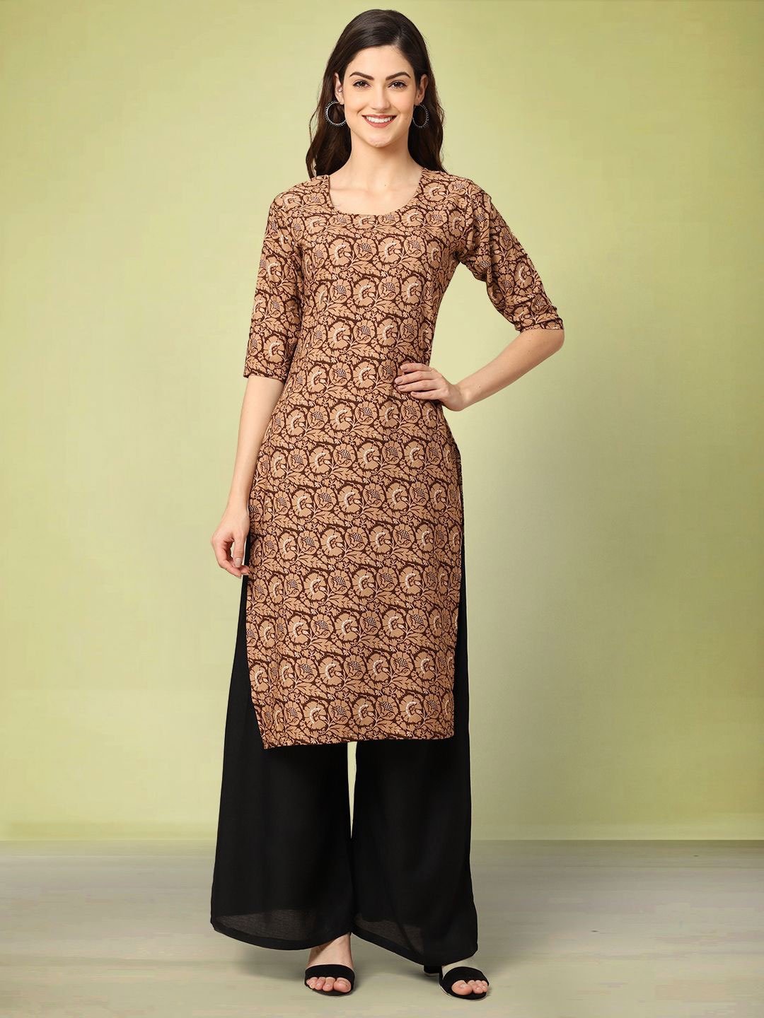 

Moda Rapido Floral Printed Round Neck Straight Kurtas, Brown