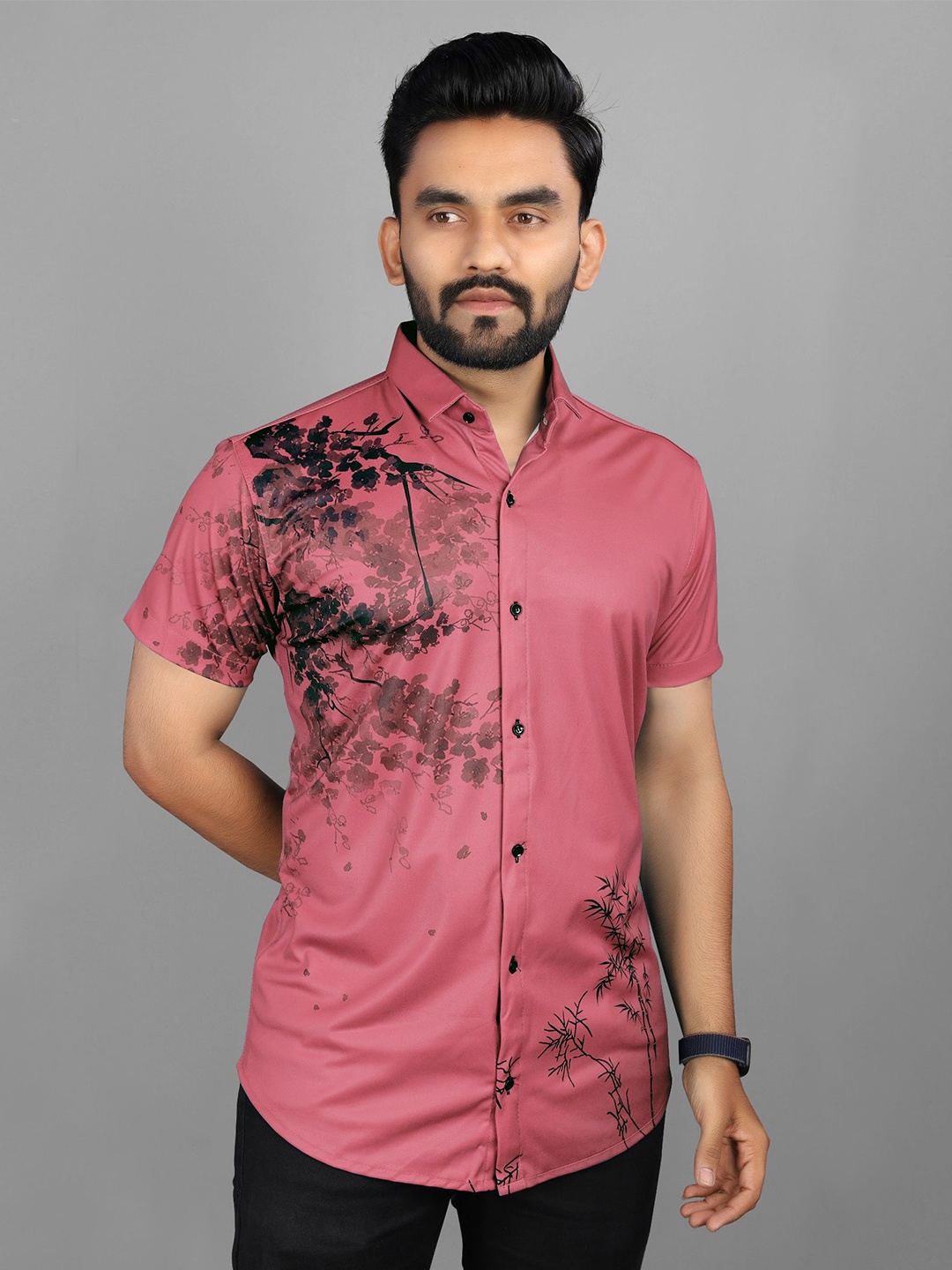 

Fashion FRICKS Men Classic Floral Opaque Printed Casual Shirt, Pink