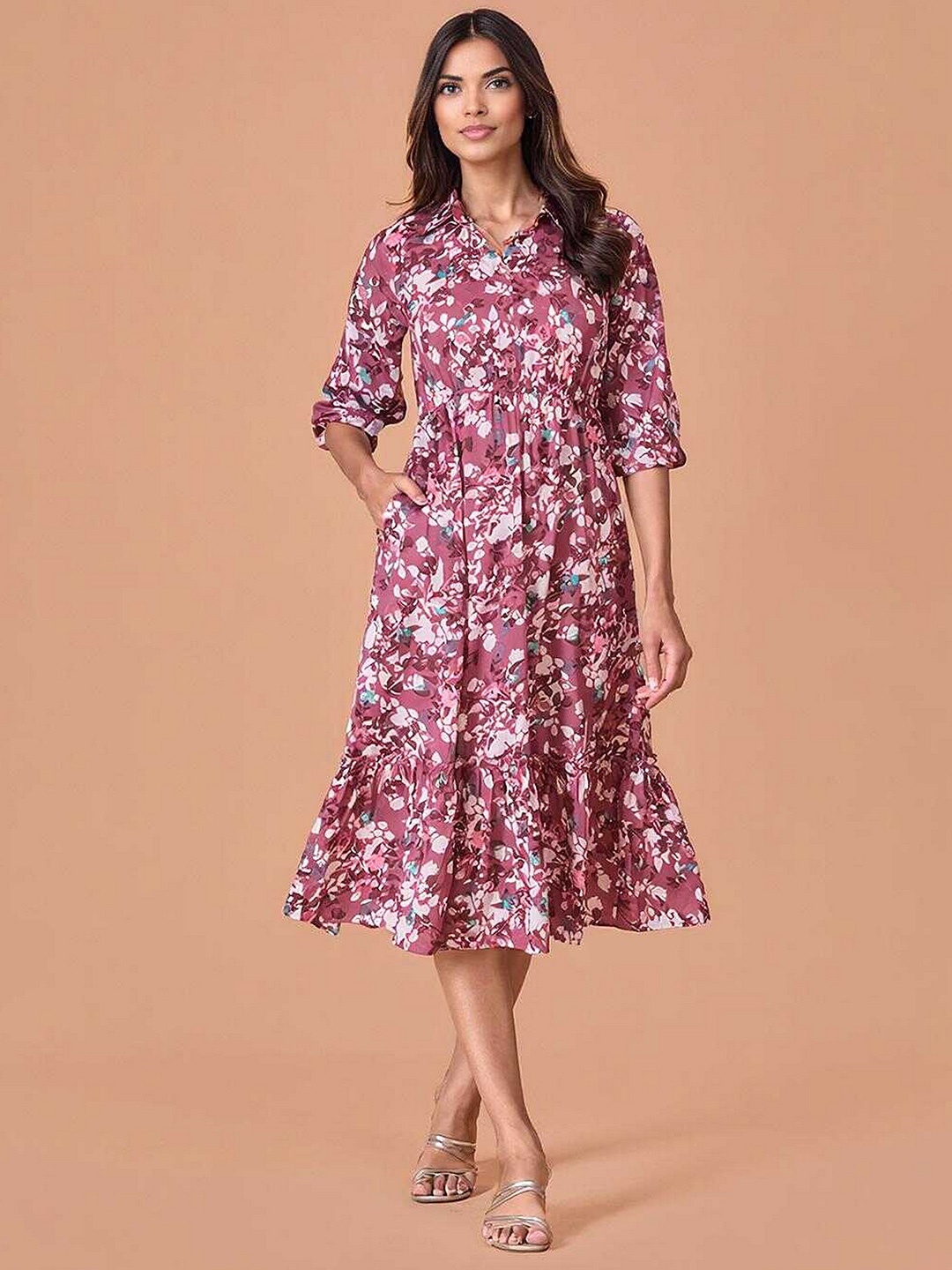 

DressBerry Floral Print Fit & Flare Midi Dress, Pink