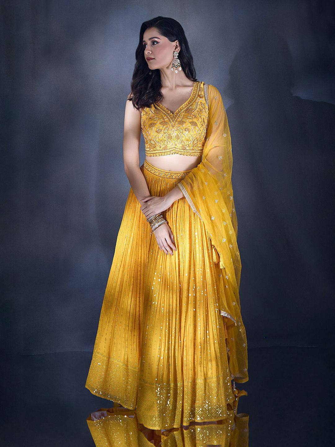 

Alaya Advani Embroidered Beads and Stones Ready to Wear Lehenga & Blouse With Dupatta, Yellow