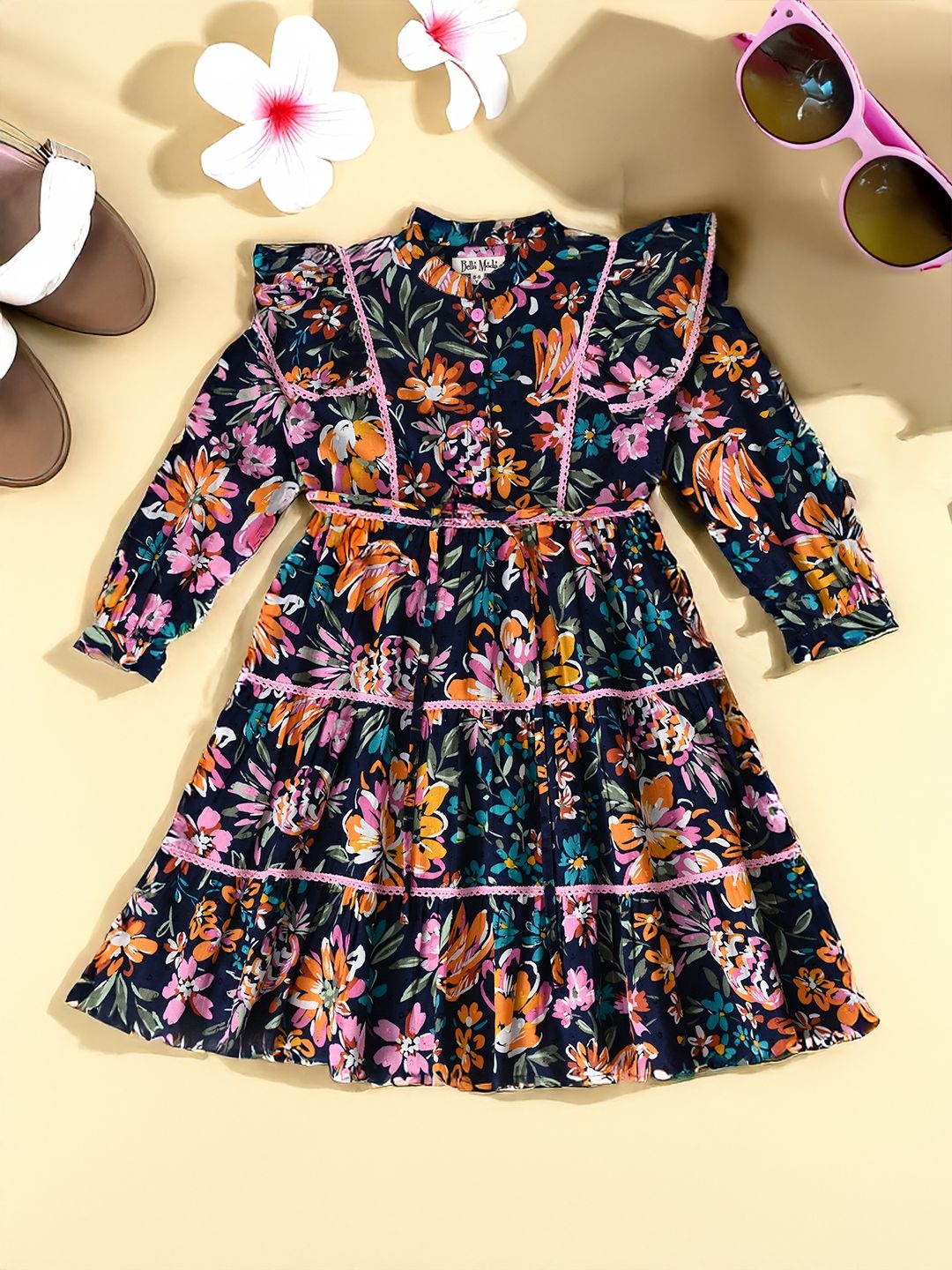 

Bella Moda Girls Cotton Cuffed Sleeves Mandarin Collar Dress, Navy blue