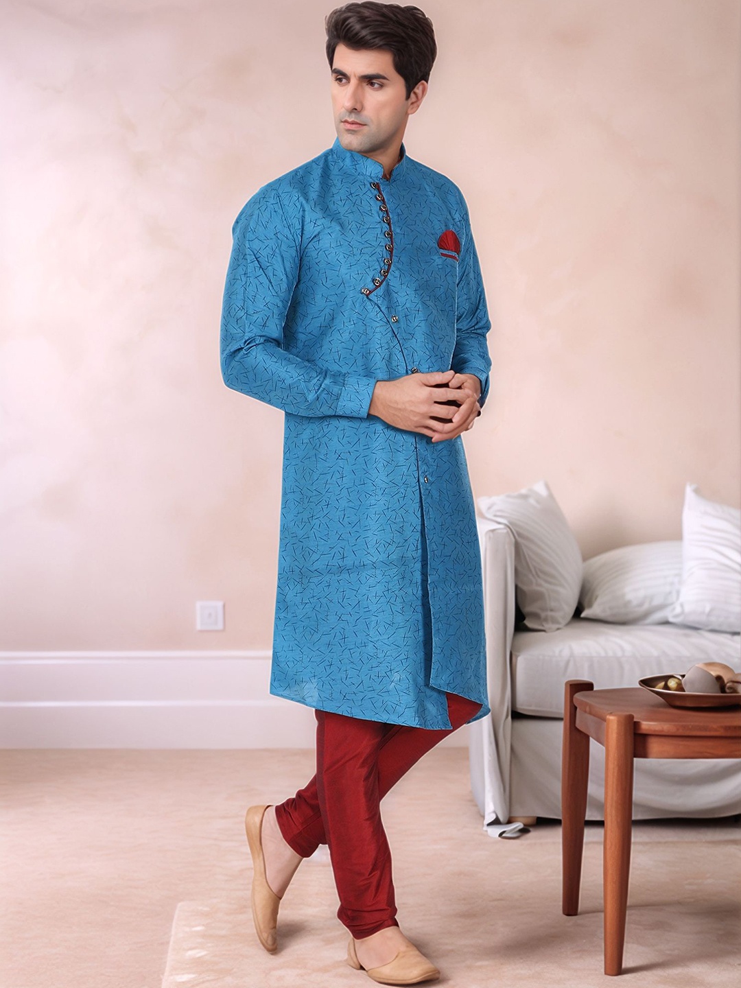 

Moda Rapido Men Mandarin Collar Art Silk Straight Kurta With Pyjamas, Turquoise blue