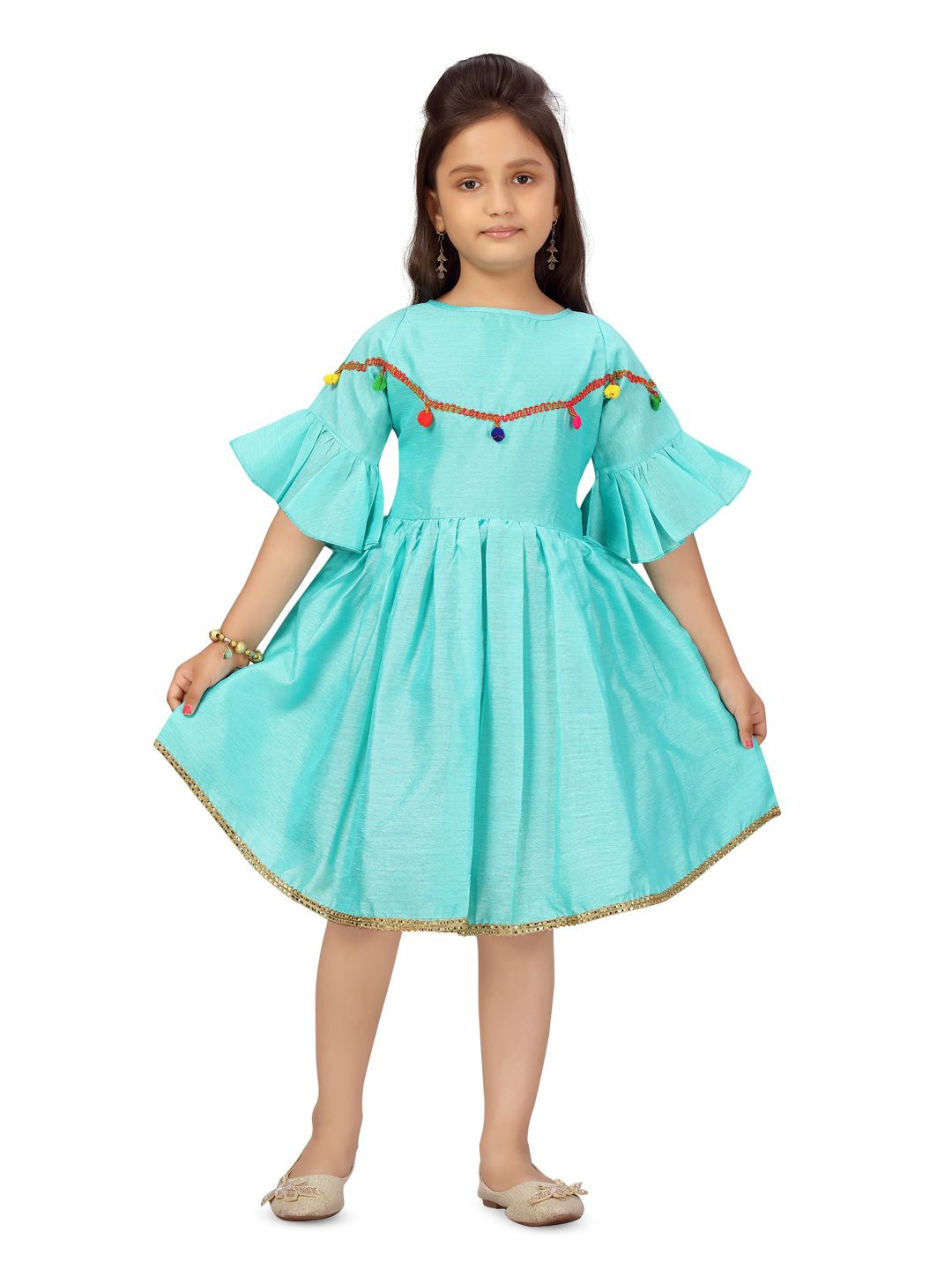 

HERE&NOW Girls Bell Sleeve Fit & Flare Silk Dress, Turquoise blue