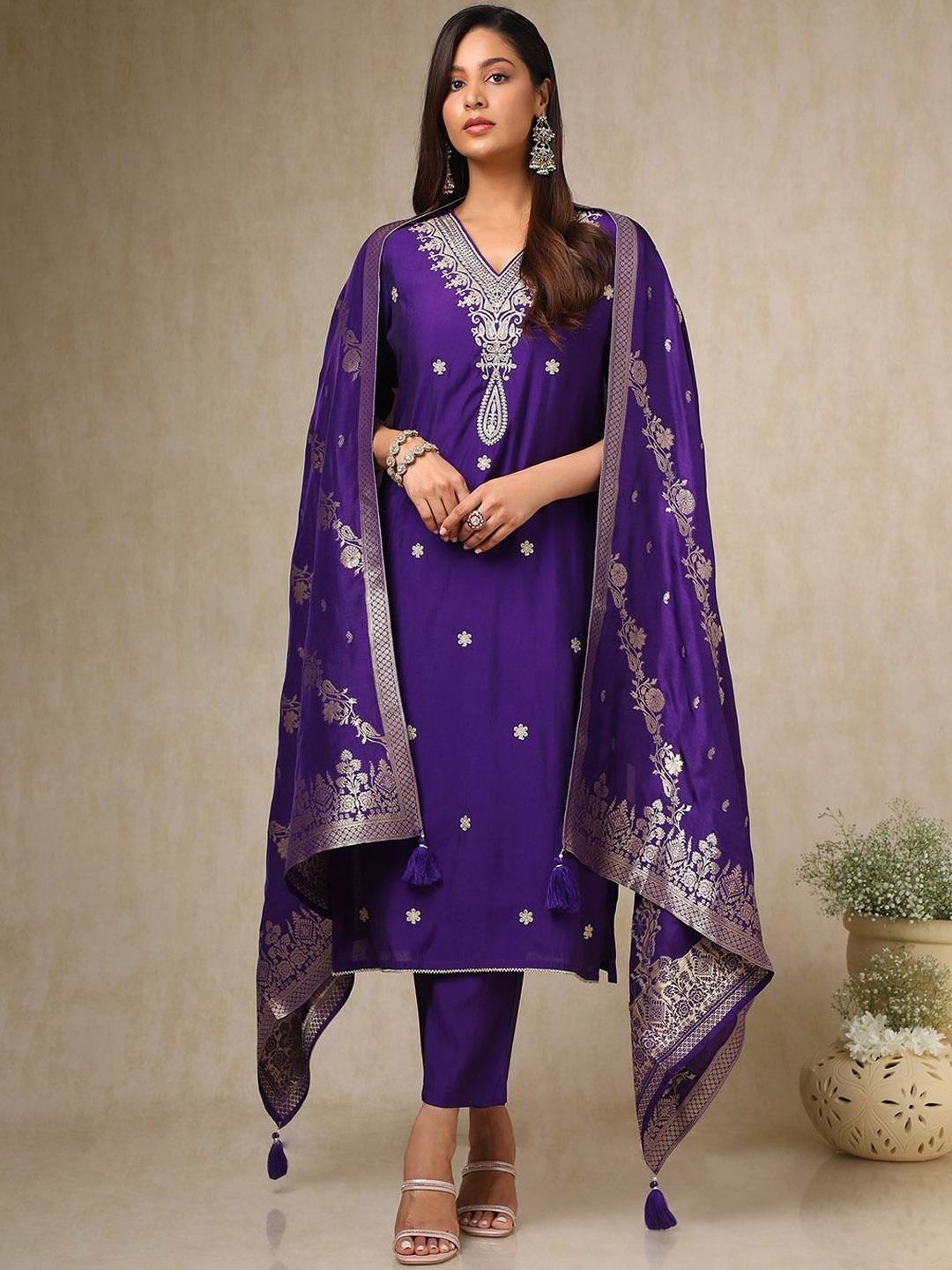 

Soch Women Floral Embroidered Regular Sequinned Kurta with Trousers & With Dupatta, Purple