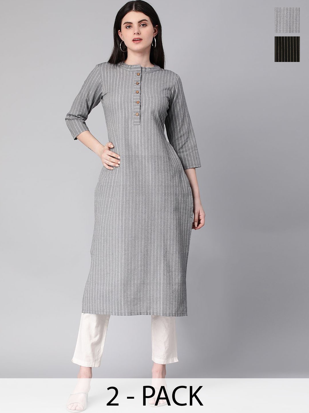 

KALINI Selection Of 2 Striped Mandarin Collar Straight Kurtas, Grey