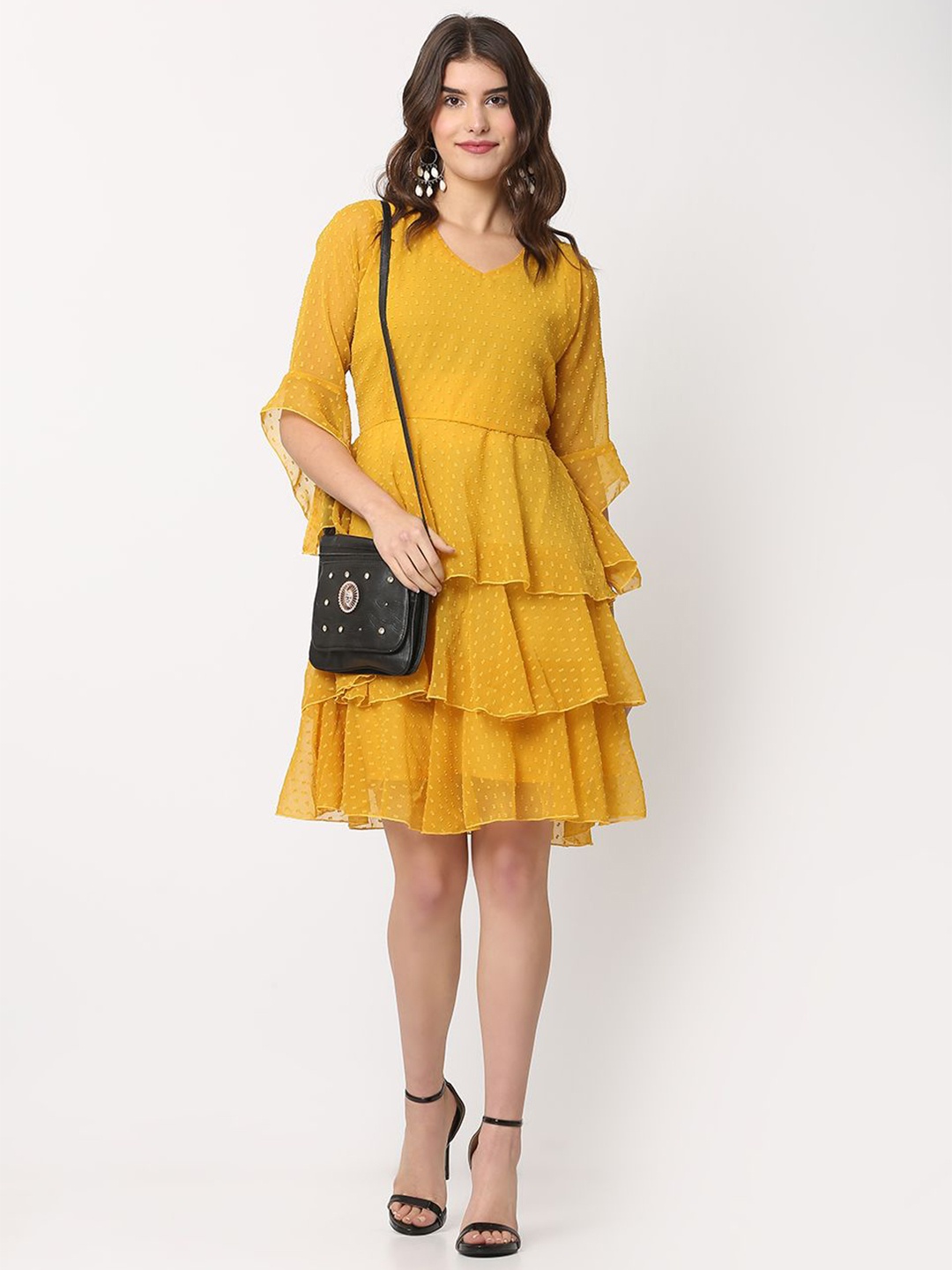 

FLOREOS Flared Sleeve Ruffled Georgette Fit & Flare Dress, Mustard