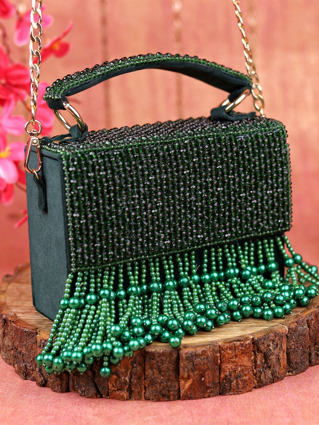 

sugarcrush Embellished Tasselled Box Clutch, Green