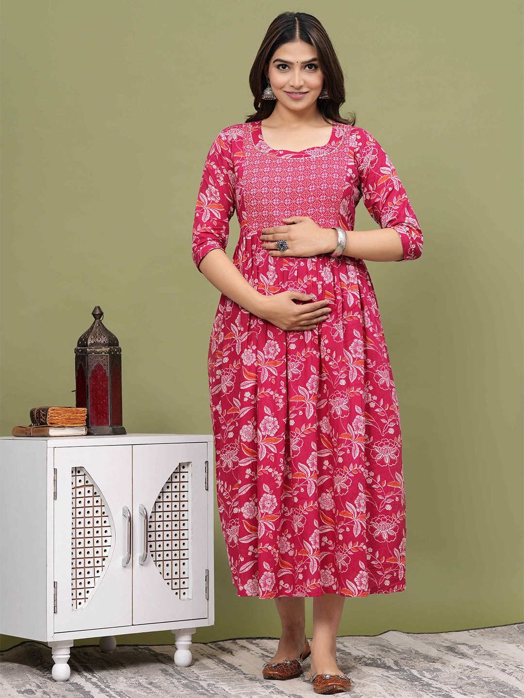 

mad fury Women Cotton Floral Printed Maternity Fit and Flare Maxi Dress, Red
