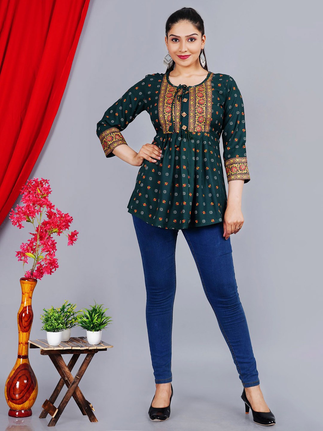 

L.H HANDICRAFTS Women Floral Printed Peplum Top, Green