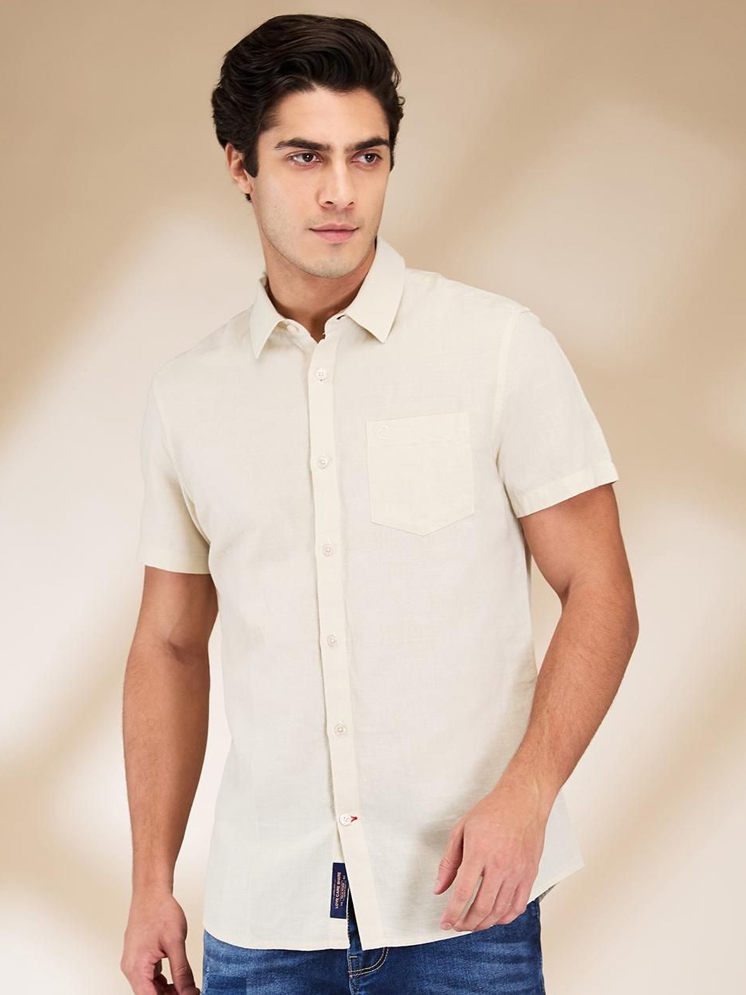 

Being Human Men Classic Fit Spread Collar Solid Cotton Linen Casual Shirt, Beige