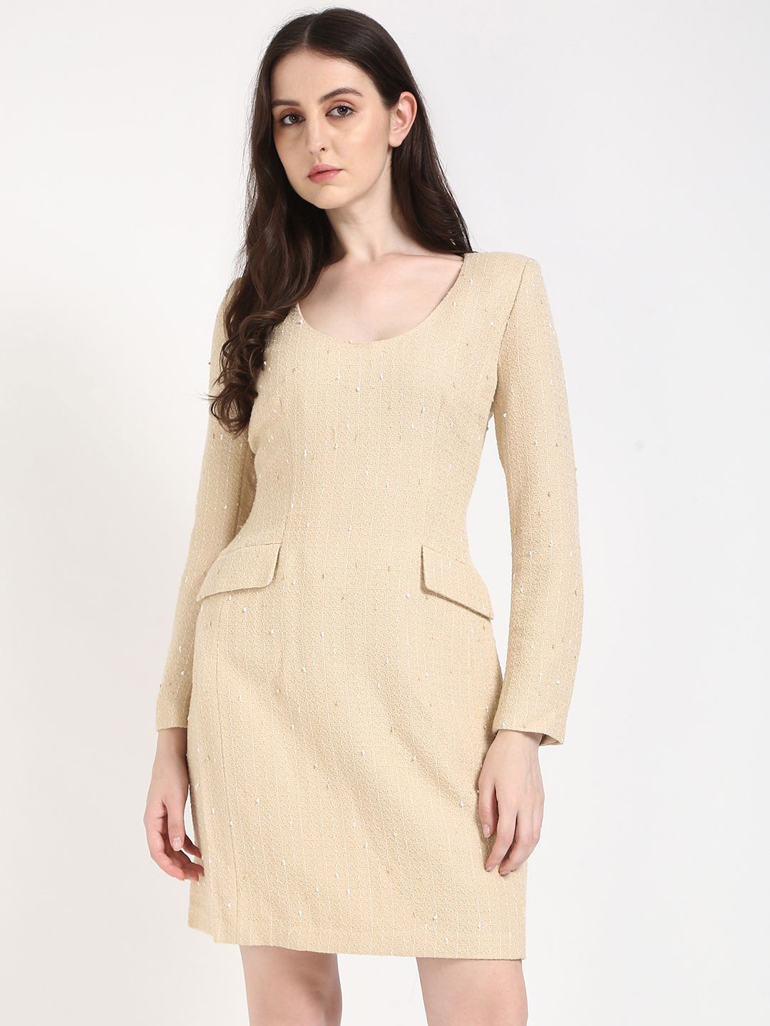 

Calvin Klein Jeans Scoop Neck Cuffed Sleeves Sheath Dress, Cream