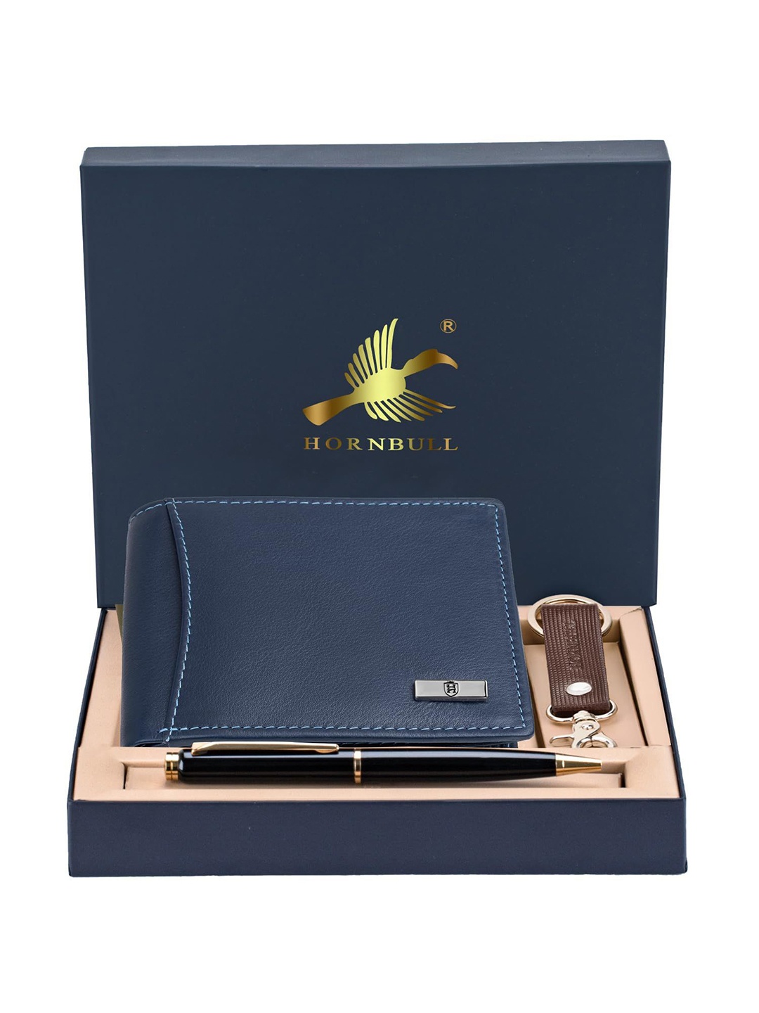 

Hornbull Men Themes Blue Leather Wallet, Keyring & Pen Combo Accessory Gift Set, Navy blue