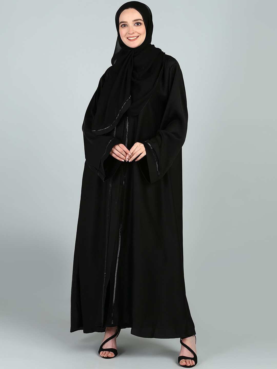 

BROKE BRAND Front Open Abaya Burqa With Lace Details, Black