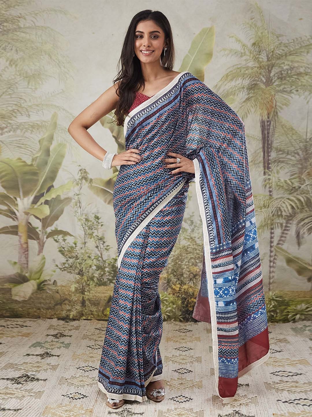 

RACHNA Embroidered Printed Ready to Wear Saree, Blue