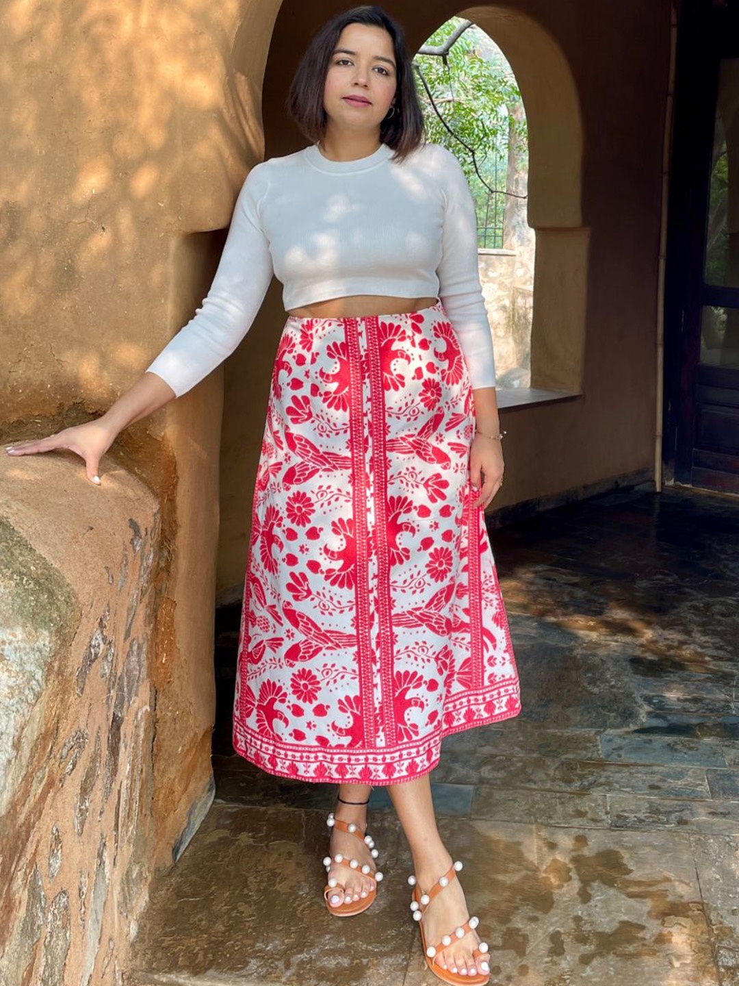 

Label Tanvee Printed A-Line Midi Skirt, White
