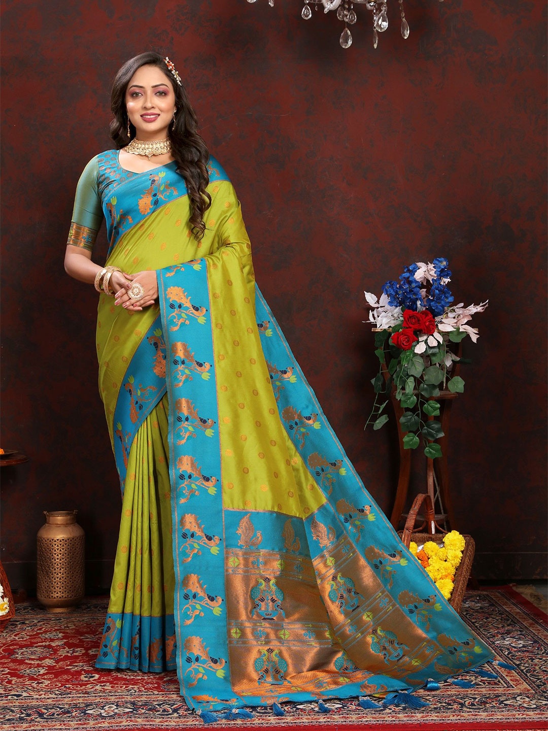 

LeeliPeeri Designer Woven Design Zari Silk Blend Paithani Saree, Olive