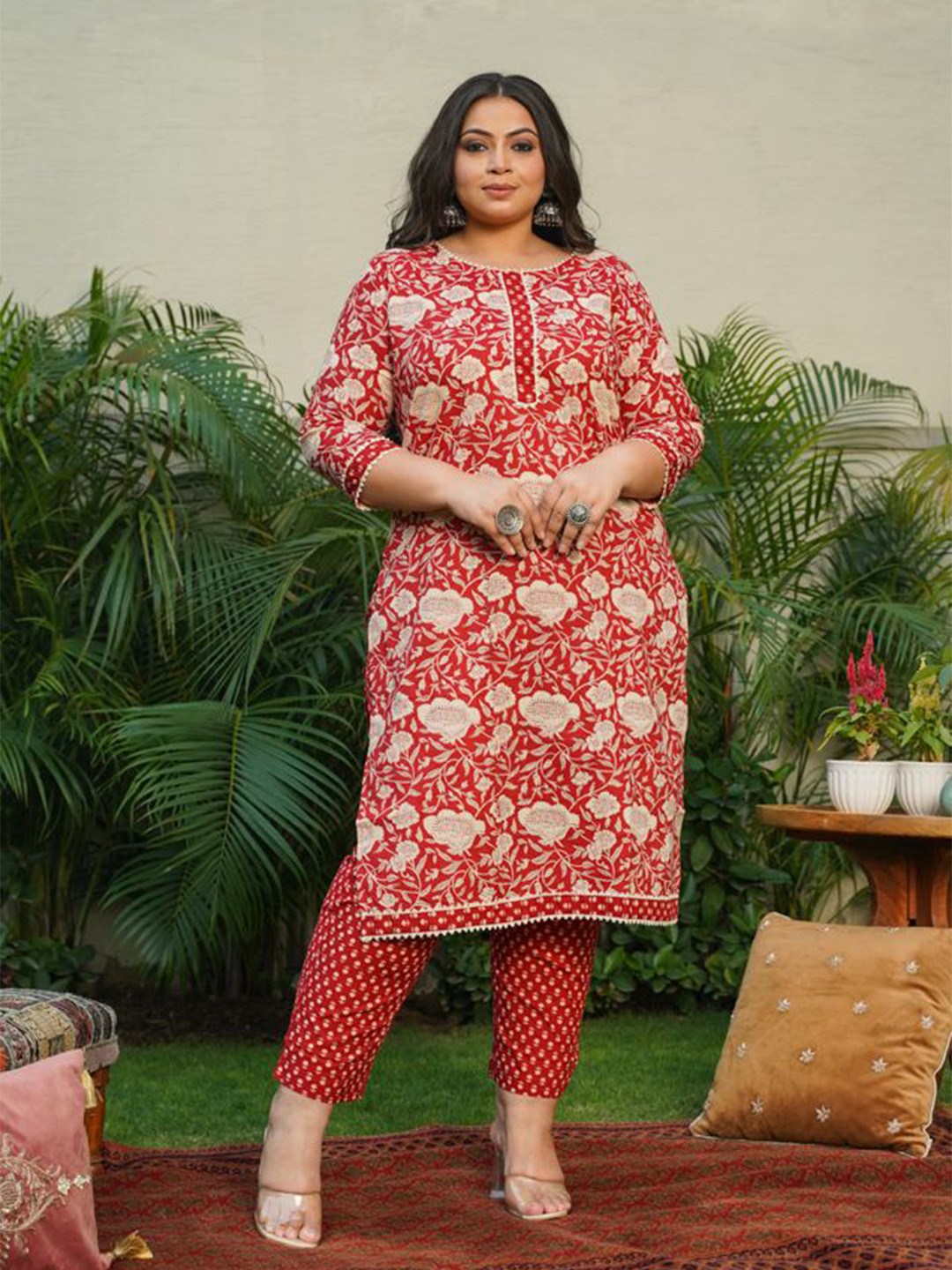 

NANGALIA RUCHIRA Women Floral Printed Regular Pure Cotton Kurta with Trousers, Red