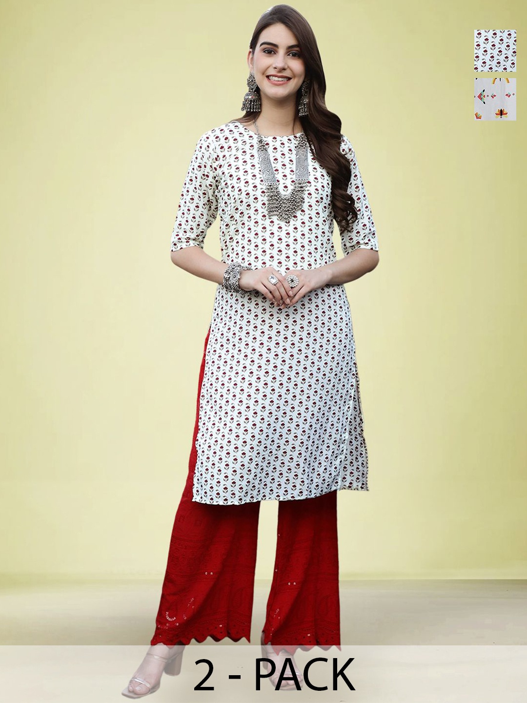 

Moda Rapido Pack Of 2 Printed Round Neck Straight Kurta, Pink