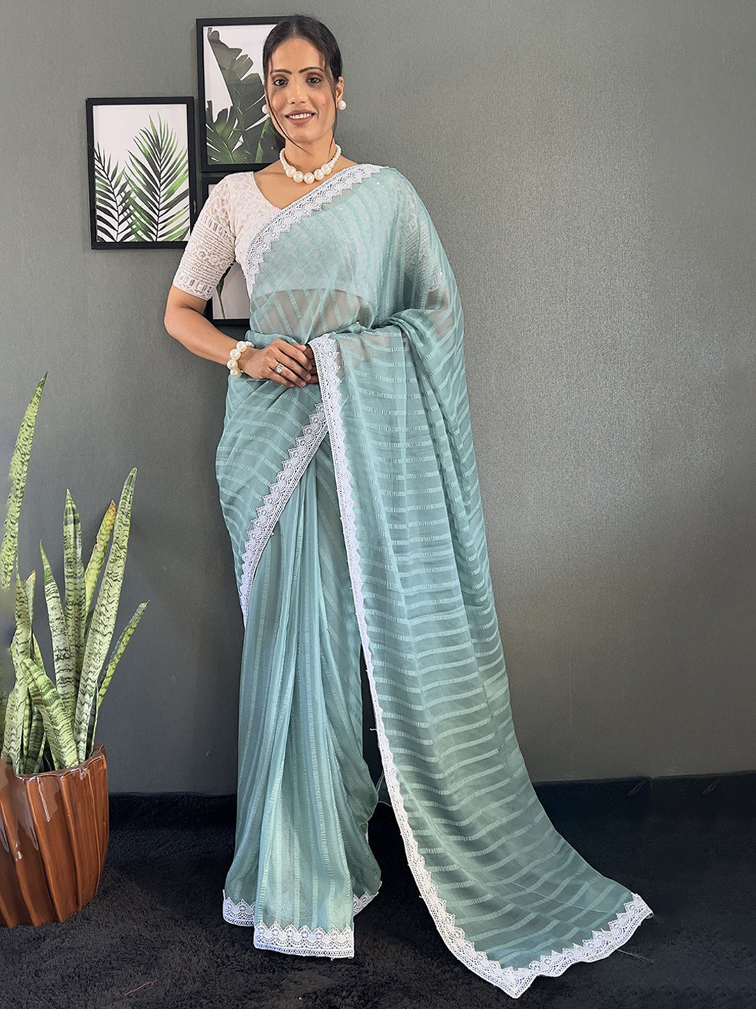 

LADY SHOPI Striped Pure Chiffon Saree, Sea green