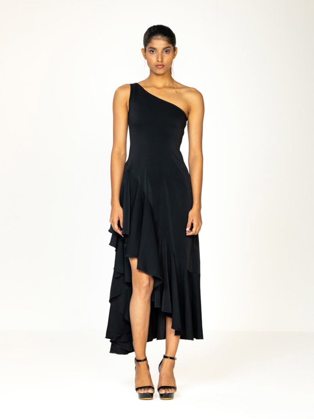 

Past Modern Off-Shoulder Crepe Fit & Flare Midi Dress, Black